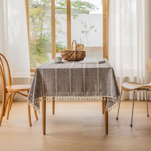 Plancholo Baumwoll-Leinen-Tischdecke im Bauernhaus-Stil mit Quasten, Stickerei, gestreift, knitterfrei, waschbar, Tischdecke für Küche, Esstisch, Dekoration (Kaffee, quadratisch, 61 x 61 cm) von Plancholo