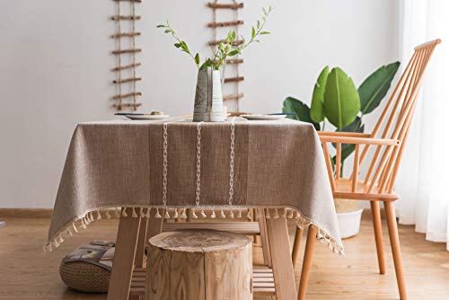 Plancholo Baumwoll-Leinen-Tischdecke mit Quasten, waschbar, knitterfrei, Tischdecke für Küche, Esstisch, Dekoration (Kaffeestreifen, rechteckig/länglich, 140 x 180 cm) von Plancholo