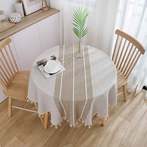 Plancholo Baumwoll-Leinen-Tischdecke mit Quasten, waschbar, knitterfrei, Tischdecke für Küche, Esstisch, Dekoration (Kaffeestreifen, rund, 150 cm) von Plancholo