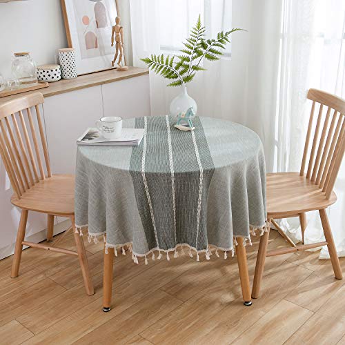 Plancholo Baumwoll-Leinen-Tischdecke mit Quasten, waschbar, knitterfrei, Tischdecke für Küche, Esstisch, Dekoration (grau gestreift, rund, 150 cm) von Plancholo