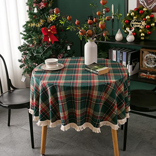 Plancholo Buffalo Plaid Tischdecke mit Quasten, kariert, runde Tischdecke für Bauernhaus, Weihnachten, Party, Dekoration (grün, 150 cm) von Plancholo