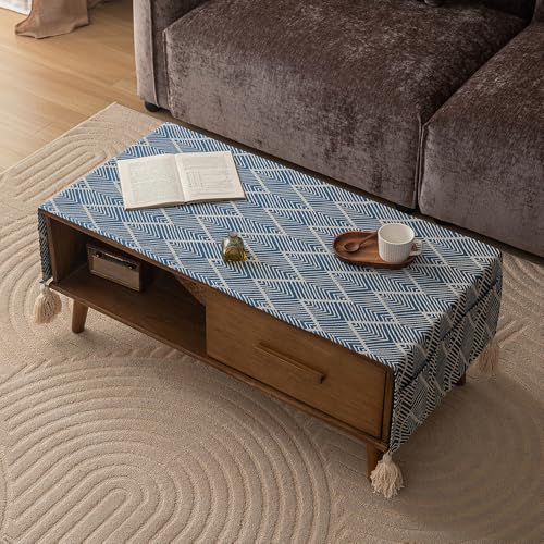 Plancholo Couchtisch-Abdeckung mit Taschen und Quasten, Baumwollleinen, Couchtischdecke für Wohnzimmer, Anti-Falten, Waschtrockner, Kühlschrank, Staubschutz (marineblaue Welle, 40,6 x 94 cm) von Plancholo