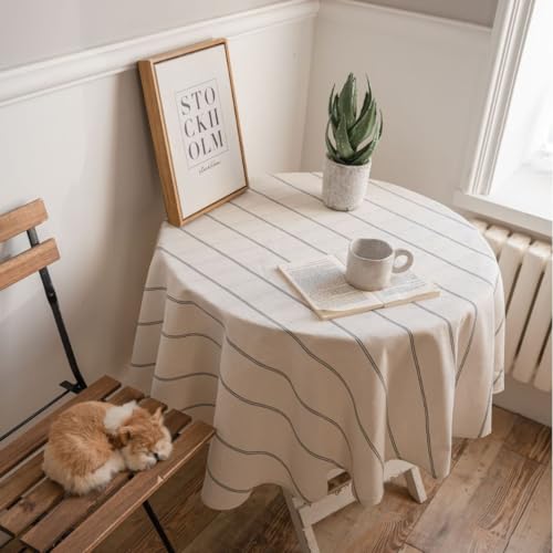 Plancholo Gestreifte Tischdecke, Bauernhaus, Baumwollleinen, Tischdecke, schmutzabweisend, staubdicht, Tischdecke für Küche, Esszimmer, Tischdekoration, rund, 150 cm von Plancholo