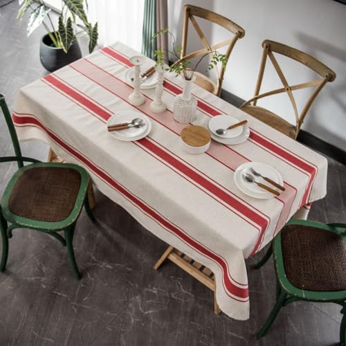 Plancholo Gestreifte Tischdecke, Baumwoll-Leinen-Stoff, staubdicht, Bauernhaus-Tischdecke für Küche, Esszimmer, Party (rechteckig/länglich, 150 x 250 cm, Rot) von Plancholo