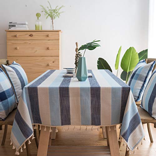 Plancholo Gestreifte Tischdecke, mit Quasten, rechteckig, Baumwoll-Leinen-Stoff, Tischdecke für Küche, Esszimmer, Tischdekoration, 140 x 248 cm, Blau von Plancholo
