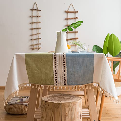 Plancholo Gestreifte Tischdecke mit Quasten, Baumwollleinen, rechteckig, knitterfrei, staubdicht, Tischdecke für Küche, Esszimmer, Tischdekoration, Grün/Blau, 140 x 205 cm von Plancholo