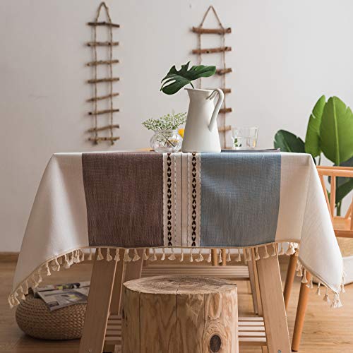 Plancholo Gestreifte Tischdecke mit Quasten, Baumwollleinen, rechteckig, knitterfrei, staubdicht, Tischdecke für Küche, Esszimmer, Tischdekoration, Kaffee/Blau, 99 x 140 cm von Plancholo