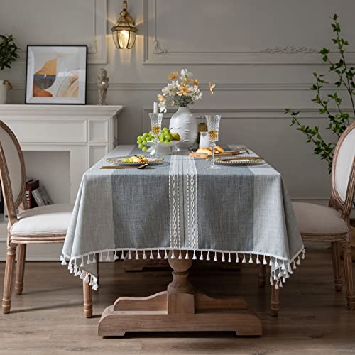 Plancholo Gestreifte Tischdecke mit Quasten, Baumwollleinen, rechteckig, knitterfrei, staubdicht, Tischdecke für Küche, Esszimmer, Tischdekoration (Grau, 99 x 140 cm) von Plancholo