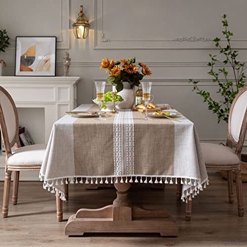 Plancholo Gestreifte Tischdecke mit Quasten, Baumwollleinen, rechteckig, knitterfrei, staubdicht, Tischdecke für Küche, Esszimmer, Tischdekoration (Kaffee, 99 x 140 cm) von Plancholo
