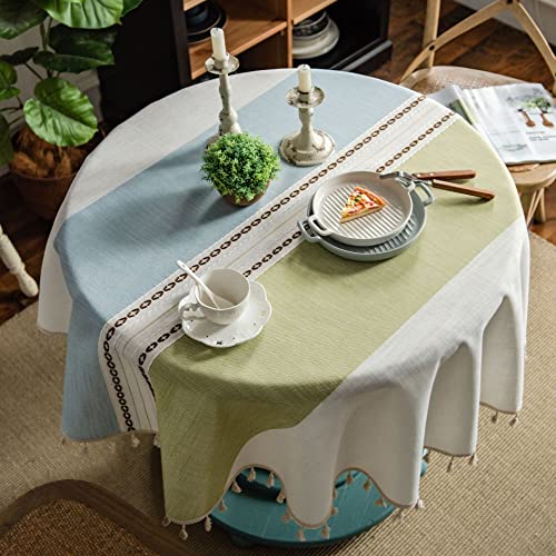 Plancholo Gestreifte Tischdecke mit Quasten, Baumwollleinen, rund, knitterfrei, staubdicht, Tischdecke für Küche, Esszimmer, Tischdekoration, Grün/Blau, 150 cm von Plancholo