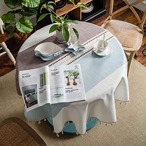 Plancholo Gestreifte Tischdecke mit Quasten, Baumwollleinen, rund, knitterfrei, staubdicht, Tischdecke für Küche, Esszimmer, Tischdekoration, Kaffee/Blau, 150 cm Plancholo Gestreifte Tischdecke mit Quasten, Baumwollleinen, rund, knitterfrei, staubdicht, Tischdecke für Küche, Esszimmer, Tischdekoration, Kaffee/Blau, 150 cm von Plancholo