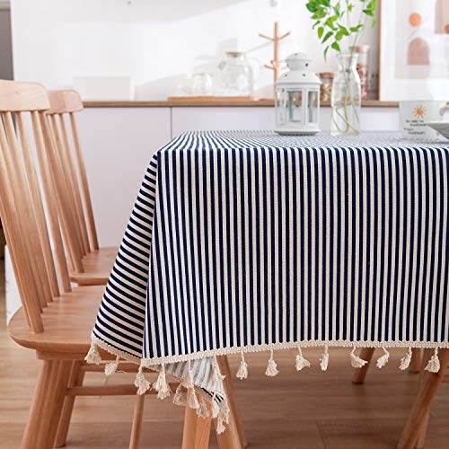 Plancholo Gestreifte Tischdecke mit Quasten, Baumwollleinen, schmutzabweisend, staubdicht, Tischdecke für Küche, Esszimmer, Tischdekoration (quadratisch, 89,9 x 89,9 cm, Marineblau) von Plancholo