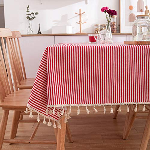 Plancholo Gestreifte Tischdecke mit Quasten, Baumwollleinen, schmutzabweisend, staubdicht, Tischdecke für Küche, Esszimmer, Tischdekoration (rechteckig/länglich, 99 x 140 cm, Rot) von Plancholo