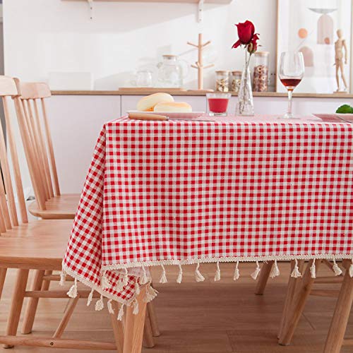 Plancholo Karierte Tischdecke, kariert, kariert, kariert, Baumwoll-Leinen-Stoff, Tischdecke mit Quasten, für Esszimmer, Küche, Tischdekoration, 140 x 140 cm, Rot und Weiß von Plancholo