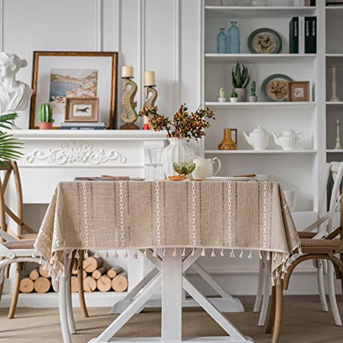Plancholo Tischdecke im Bauernhaus-Stil, Baumwoll-Leinen-Tischdecke mit Quasten, Stickerei, gestreift, knitterfrei, waschbar, Tischdecke für Küche, Esstisch, Dekoration (Khaki, Rechteck, 99 x 140 cm) von Plancholo