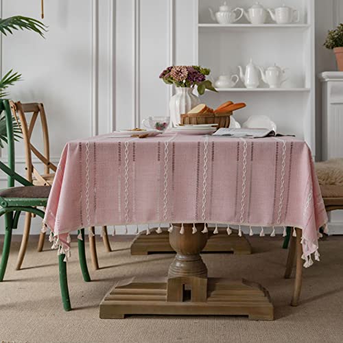 Plancholo Tischdecke im Bauernhaus-Stil, Baumwoll-Leinen-Tischdecke mit Quasten, Stickerei, gestreift, knitterfrei, waschbar, Tischdecke für Küche, Esstisch, Dekoration (Rosa, Rechteck, 99 x 140 cm) Plancholo Tischdecke im Bauernhaus-Stil, Baumwoll-Leinen-Tischdecke mit Quasten, Stickerei, gestreift, knitterfrei, waschbar, Tischdecke für Küche, Esstisch, Dekoration (Rosa, Rechteck, 99 x 140 cm) von Plancholo