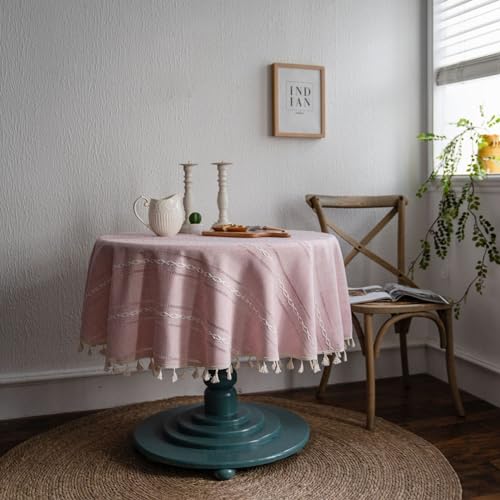 Plancholo Tischdecke im Bauernhaus-Stil, Baumwoll-Leinen-Tischdecke mit Quasten, Stickerei, gestreift, knitterfrei, waschbar, Tischdecke für Küche, Esstisch, Dekoration (Rosa, rund, 150 cm) von Plancholo