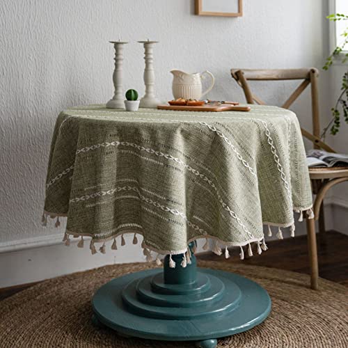 Plancholo Tischdecke im Bauernhaus-Stil, Baumwoll-Leinen-Tischdecke mit Quasten, Stickerei, gestreift, knitterfrei, waschbar, Tischdecke für Küche, Esstisch, Dekoration (grün, rund, 150 cm) von Plancholo