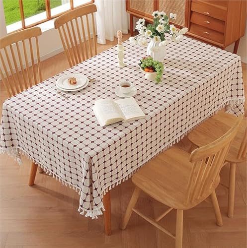 Plancholo Tischdecke mit Stickerei, Gittermuster, kariert, Baumwollleinen, staubdicht, kariert, Tischdecke für Küche, Esszimmer, Tischdekoration (rechteckig/länglich, 140 x 238 cm, Rot) von Plancholo