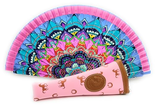 Fächer mit Blumen, Landschaften und bunten Figuren, mit handgefertigter Hülle, schöner Holzfächer mit Hülle, hergestellt in Spanien, inklusive Magnet der spanischen Brauchungen (Rosa Blau HTG15) von Planta Color