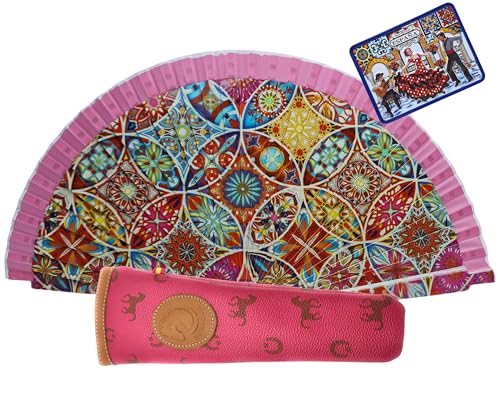 Fächer mit Blumen, Landschaften und bunten Figuren, mit handgefertigter Hülle, schöner Holzfächer mit Hülle, hergestellt in Spanien (Mosaicos Kreis Rosa) von Planta Color