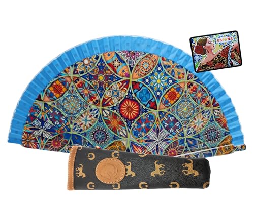 Fächer mit Blumen, Landschaften und bunten Figuren, mit handgefertigter Hülle, schöner Holzfächer mit Hülle, hergestellt in Spanien (Mosaicos Kreise A) von Planta Color
