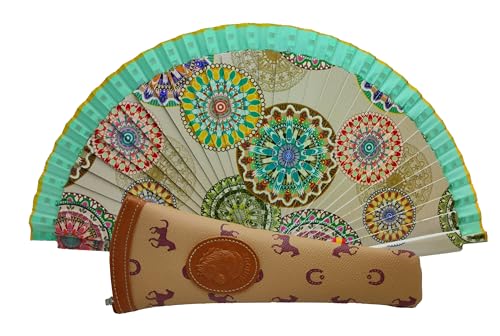 Fächer mit Blumen, Landschaften und bunten Figuren, mit handgefertigter Hülle, schöner Holzfächer mit Hülle, hergestellt in Spanien. (Grün HTG9) von Planta Color