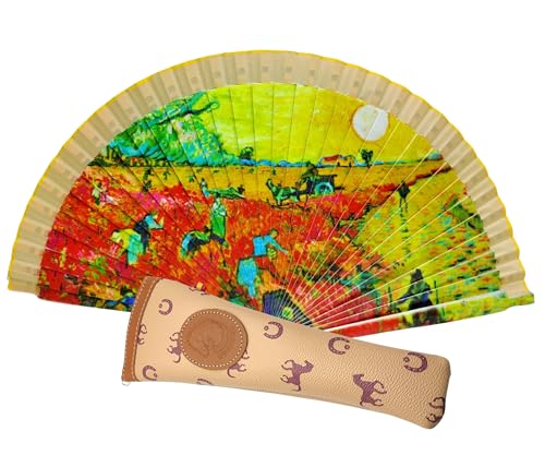 Faltbarer Fächer mit Fächerhülle, bedruckter Stoff aus Baumwolle auf Holz, mit Magnet, verschiedene spanische Bräuche (Landschaft Ocker) von Planta Color