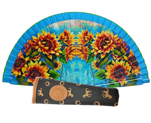 Faltbarer Fächer mit Fächerhülle, bedruckter Stoff aus Baumwolle auf Holz, mit Magnet, verschiedene spanische Bräuche (Sonnenblumen) von Planta Color