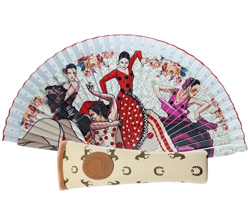 Faltbarer Fächer mit Hülle, bedruckter Stoff aus Baumwolle auf Holz, Zeichnungen der spanischen Kultur (Flamenco, Torero, Stier, Tänzer usw.) (4 Tänzer) von Planta Color