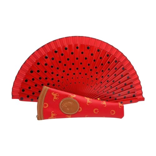 Faltbarer Fächer mit Lederbezug, bedruckter Stoff aus Baumwolle auf Holz, Muster (rot gepunktet, rote Hülle) von Planta Color