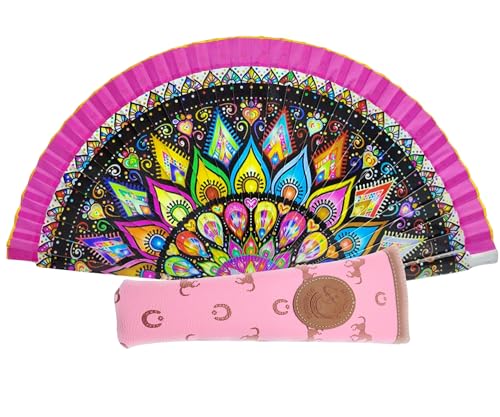 Faltbarer Fächer mit Lederbezug, bedruckter Stoff aus Baumwolle auf Holz, gemusterte Zeichnungen (Mandala Rosa) von Planta Color
