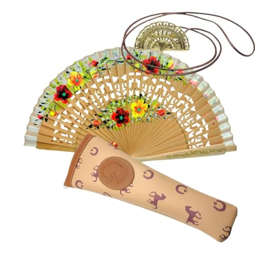 Faltfächer aus Holz mit Blumen bemalten Mann, mit Tasche und Fächeraufhänger, Canvas-Hülle mit Netztasche und Metallfächeraufhängung (goldener Herbst) von Planta Color