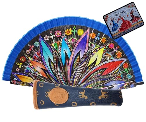 Faltbarer Fächer mit Fächerhülle, bedruckter Stoff aus Baumwolle auf Holz, mit Magnet der spanischen Gewohnheiten (Mandala blau, blauer Rand) von Planta Color