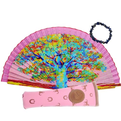 Planta Color Faltfächer 22 cm mit Baum des Lebens + Hülle mit Reißverschluss + elastisches Armband aus Lapislazuli (wilder Frühling) von Planta Color