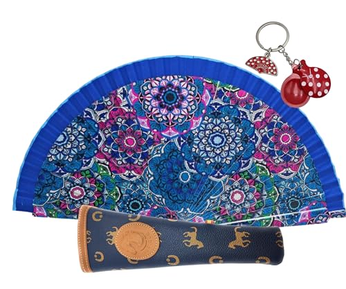 Wunderschöner Fächer mit ethnischem Blumenmuster, inklusive handgefertigtem Etui und Schlüsselanhänger im Flamingo-Stil. Schöner Holzfächer mit Hülle, hergestellt in Spanien. (Ethnisches Blumenmuster Wunderschöner Fächer mit ethnischem Blumenmuster, inklusive handgefertigtem Etui und Schlüsselanhänger im Flamingo-Stil. Schöner Holzfächer mit Hülle, hergestellt in Spanien. (Ethnisches Blumenmuster von Planta Color