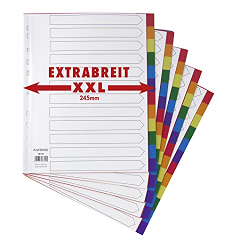 5er Set XXL 12-teiliges Register/Trennblätter extra breit aus buntem stabilem PP, DIN A4+ mit Deckblatt aus stabilem Papier zum Beschriften. Trenn-Blätter überbreit für die Ordner-Organisation im Büro von Plastoreg