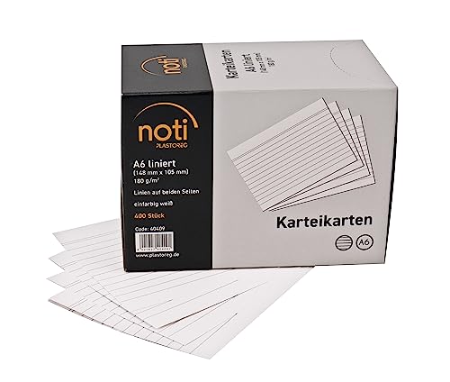 Karteikarten A6, 148 x 105mm liniert, weiß, 400 Stück in praktischer Spenderbox, für Vokabeln, als Lernkarten, Moderationskarten, Büro und Schule in 180g/m² von Plastoreg