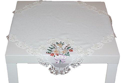Plauener Spitze Tischdecke 60x60 cm eckig Stickerei Frühlingsstrauß Mitteldecke Frühling Ostern von Plauener Spitze