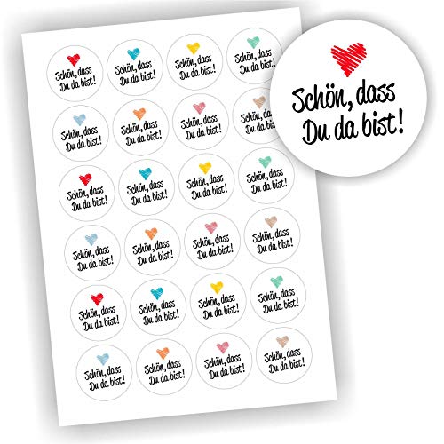24 Aufkleber Weiß rund "Schön, dass Du da bist" Etikett Geschenk Geschenkaufkleber DIY von Play-Too