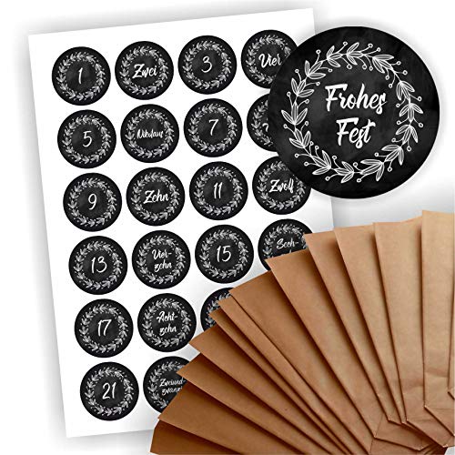 Adventskalender zum Befüllen 24 braune Geschenktüten Kraftpapiertüten + 24 weihnachtliche Aufkleber Papiertüte DIY Blätter auf schwarzer Tafeloptik Adventskalender zum Befüllen 24 braune Geschenktüten Kraftpapiertüten + 24 weihnachtliche Aufkleber Papiertüte DIY Blätter auf schwarzer Tafeloptik von Play-Too