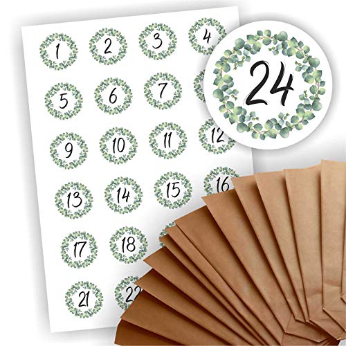 Adventskalender zum Befüllen 24 braune Geschenktüten Kraftpapiertüten + 24 weihnachtliche Aufkleber Papiertüte DIY Eukalyptus Kranz Adventskalender zum Befüllen 24 braune Geschenktüten Kraftpapiertüten + 24 weihnachtliche Aufkleber Papiertüte DIY Eukalyptus Kranz von Play-Too