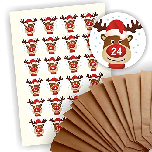 Adventskalender zum Befüllen 24 braune Geschenktüten Kraftpapiertüten + 24 weihnachtliche Aufkleber Papiertüte DIY Rentier Rudi Rudolph Rudolf Adventskalender zum Befüllen 24 braune Geschenktüten Kraftpapiertüten + 24 weihnachtliche Aufkleber Papiertüte DIY Rentier Rudi Rudolph Rudolf von Play-Too