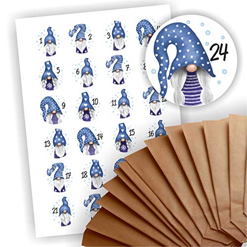 Adventskalender zum Befüllen 24 braune Geschenktüten Kraftpapiertüten + 24 weihnachtliche Aufkleber Papiertüte DIY Wichtel blaue Mütze Adventskalender zum Befüllen 24 braune Geschenktüten Kraftpapiertüten + 24 weihnachtliche Aufkleber Papiertüte DIY Wichtel blaue Mütze von Play-Too