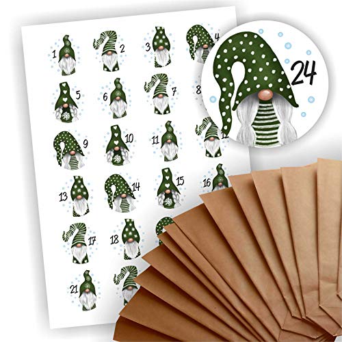 Adventskalender zum Befüllen 24 braune Geschenktüten Kraftpapiertüten + 24 weihnachtliche Aufkleber Papiertüte DIY Wichtel grüne Mütze Adventskalender zum Befüllen 24 braune Geschenktüten Kraftpapiertüten + 24 weihnachtliche Aufkleber Papiertüte DIY Wichtel grüne Mütze von Play-Too