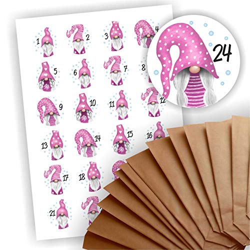 Adventskalender zum Befüllen 24 braune Geschenktüten Kraftpapiertüten + 24 weihnachtliche Aufkleber Papiertüte DIY Wichtel rosa Mütze Adventskalender zum Befüllen 24 braune Geschenktüten Kraftpapiertüten + 24 weihnachtliche Aufkleber Papiertüte DIY Wichtel rosa Mütze von Play-Too