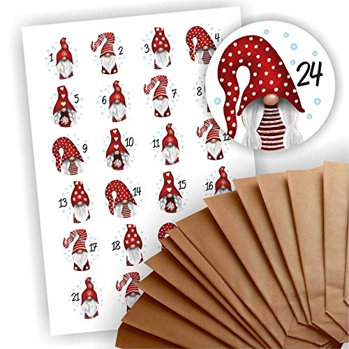 Adventskalender zum Befüllen 24 braune Geschenktüten Kraftpapiertüten + 24 weihnachtliche Aufkleber Papiertüte DIY Wichtel rote Mütze Adventskalender zum Befüllen 24 braune Geschenktüten Kraftpapiertüten + 24 weihnachtliche Aufkleber Papiertüte DIY Wichtel rote Mütze von Play-Too