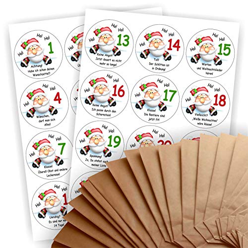 Adventskalender zum Befüllen 24 braune Geschenktüten Natron- oder Kraftpapiertüten + 24 weihnachtliche Aufkleber Papiertüte Zahlen, Adventskalenderzahlen DIY Weihnachtsmann Sprüche groß Adventskalender zum Befüllen 24 braune Geschenktüten Natron- oder Kraftpapiertüten + 24 weihnachtliche Aufkleber Papiertüte Zahlen, Adventskalenderzahlen DIY Weihnachtsmann Sprüche groß von Play-Too