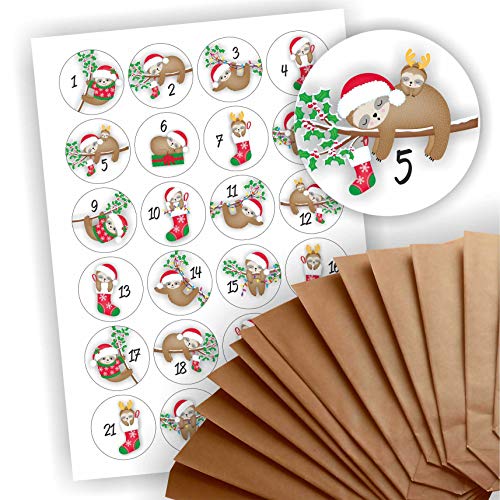 Adventskalender zum Befüllen 24 braune Geschenktüten Kraftpapiertüten + 24 weihnachtliche Aufkleber Papiertüte DIY Faultier von Play-Too