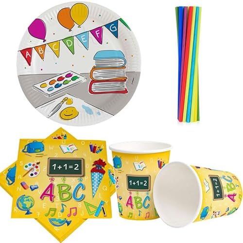 Einschulung Party Geschirr Einweggeschirr Schulanfang Partyset Dekoration Schule bunt Teller Becher Servietten Party Deko von Playflip